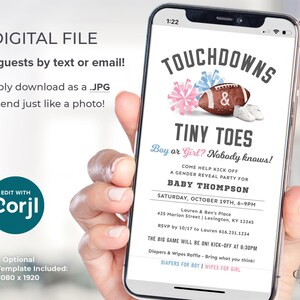 Football Gender Reveal Invitation Touchdown and Tiny Toes Invitation Gender Reveal Party Football Tailgate and Celebrate, Digital Printable image 2