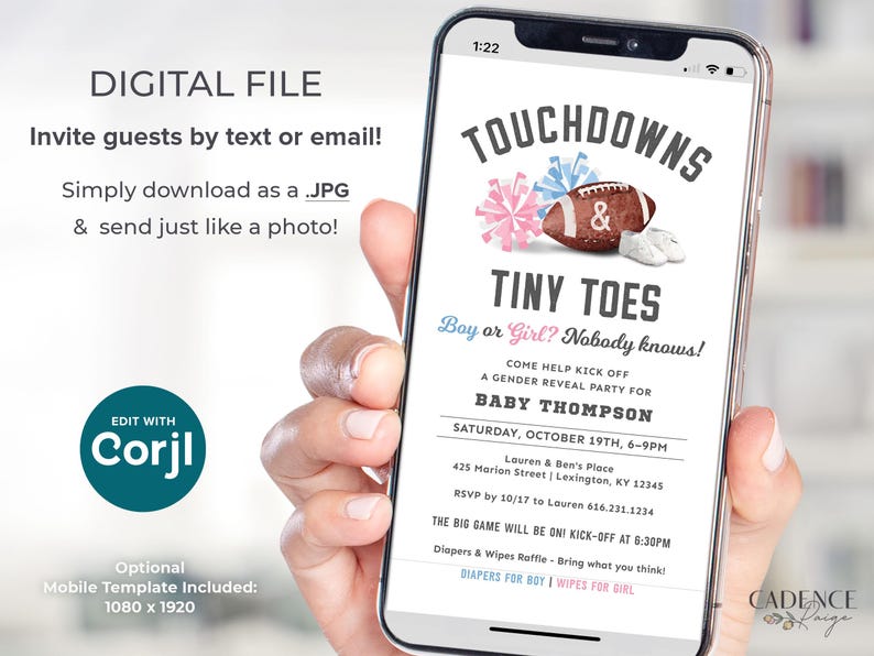 Football Gender Reveal Invitation Touchdown and Tiny Toes Invitation Gender Reveal Party Football Tailgate and Celebrate, Digital Printable image 2