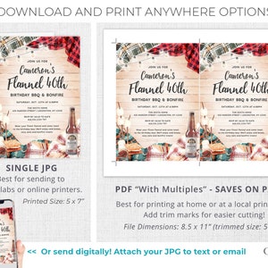 May include: Printable invitation for a 40th birthday party with a flannel theme. The invitation features a rustic wooden background with a plaid pattern, a campfire, and a s'mores dessert. The text on the invitation reads "Join us for Cameron's Flannel 40th Birthday BBQ & Bonfire".