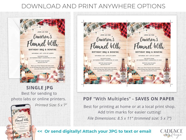 May include: Printable invitation for a 40th birthday party with a flannel theme. The invitation features a rustic wooden background with a plaid pattern, a campfire, and a s'mores dessert. The text on the invitation reads "Join us for Cameron's Flannel 40th Birthday BBQ & Bonfire".