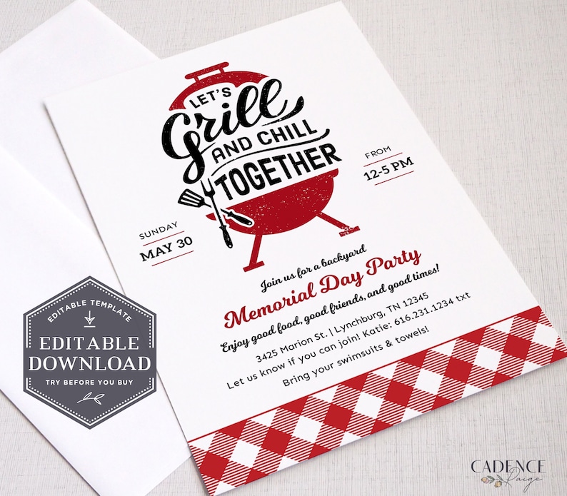 Digital Labor Day BBQ Invitation, Summer Party Invitation, Memorial Day Party Invitation, Cookout Invitation, Grill & Chill, DIY, Printable image 8