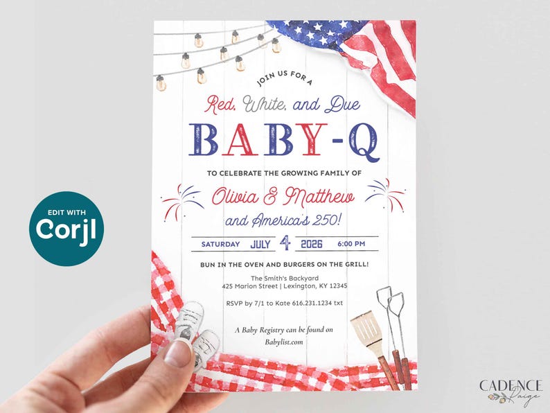 May include: A baby shower invitation with a patriotic theme. The invitation features the text "Red, White, and Due BABY-Q" with the names Olivia & Matthew. The design includes an American flag, fireworks, and string lights.