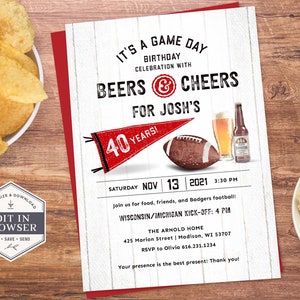 May include: A white and red invitation card with a football and beer theme. It's a Game Day Birthday Celebration with Beers & Cheers for Josh's 40 Years! The invitation is for Saturday, November 13, 2021 at 3:30 PM. The event will include Wisconsin/Michigan Kick-Off at 4 PM at The Arnold Home, 425 Marion Street, Madison, WI 53707. RSVP to Olivia 616.231.1234. Your presence is the best present! Thank you!