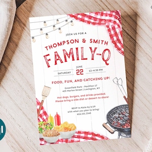 This playful summer family reunion invitation can feature two family names above the word "FAMILY-Q" or you can change it to REUNION. The design has classic BBQ elements like picnic food, grilling tools, and red checkered tablecloth draped in the corners. It will surely set the stage for a memorable day of family and fun! It says "FAMILY-Q" in bold letters to go with the playful vibe. The invitation can be printed or sent digitally by text.