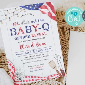 Red White and Due Gender Reveal Invitation, Backyard BBQ Gender Reveal Invitation, 4th of July Gender Reveal, Digital Phone, Printable, BQUS