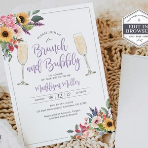 Brautparty einladen, Brunch und sprudelnde Einladung, Wildblumen, Brautparty einladen, Lavendel-Dusche, printable einladen W2