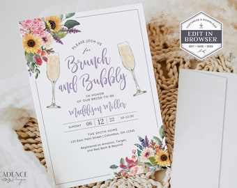 Brunch and Bubbly Bridal Shower Invitation, Brunch Bridal Shower Invite, Wildflowers, Farm Flowers, Lavender Shower, Printable Invite W2