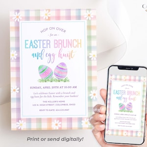 May include: An Easter brunch and egg hunt invitation with a pastel plaid background and daisy accents. The invitation features the text "Easter Brunch and Egg Hunt" with watercolor Easter eggs. A smartphone displays the same invitation.