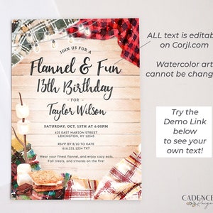 May include: A printable invitation for a 13th birthday party with a flannel and fun theme. The invitation features a watercolor illustration of a campfire with marshmallows, a plaid blanket, and a wooden sign with the text "Flannel & Fun 13th Birthday - For Taylor Wilson". The invitation also includes the date, time, and location of the party, as well as an RSVP request.