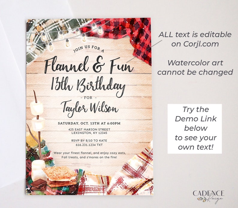May include: A printable invitation for a 13th birthday party with a flannel and fun theme. The invitation features a watercolor illustration of a campfire with marshmallows, a plaid blanket, and a wooden sign with the text "Flannel & Fun 13th Birthday - For Taylor Wilson". The invitation also includes the date, time, and location of the party, as well as an RSVP request.