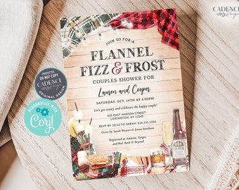 May include: A rustic-themed invitation for a couples shower with a flannel and plaid pattern. The invitation reads "Flannel Fizz & Frost Couples Shower for Lauren and Cooper" with details about the event, including the date, time, location, and RSVP information.