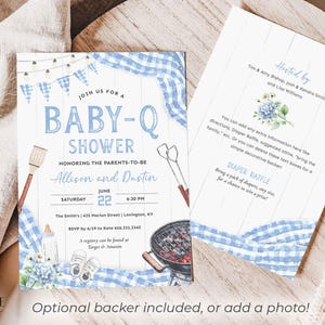 Invite guests to baby shower BBQ with this light blue Baby-Q shower invitation perfect for celebrating a baby boy on his way! This digital design features accents of  light blue gingham, twinkling lights, a matching bunting, all to inspire your decorations for a casual yet darling BBQ! The grilling tools, grill, baby shoes, bottle, and flowers can be deleted or moved if you prefer.