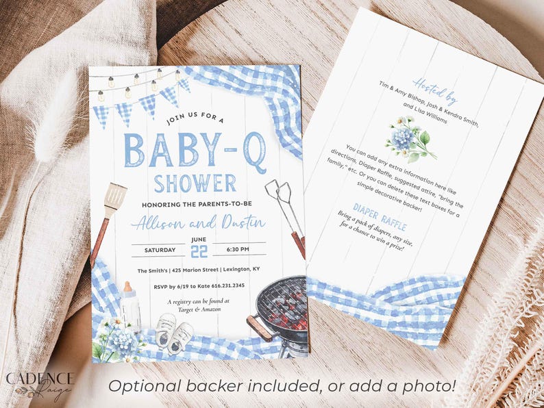 Invite guests to baby shower BBQ with this light blue Baby-Q shower invitation perfect for celebrating a baby boy on his way! This digital design features accents of  light blue gingham, twinkling lights, a matching bunting, all to inspire your decorations for a casual yet darling BBQ! The grilling tools, grill, baby shoes, bottle, and flowers can be deleted or moved if you prefer.