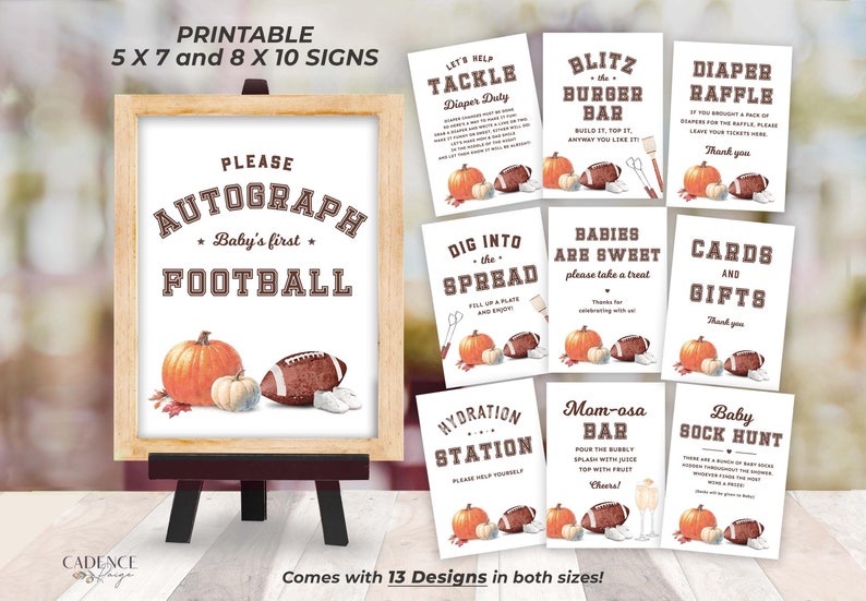 Printable Football Baby Shower Signs to display at a Fall baby shower or tailgate couples shower. The designs include clever football terms for signs such as diaper raffle, favor sign, hydration station, food displays, gift table, etc.