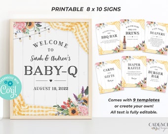 Gula Baby-Q Shower-skyltar, BBQ babyshower-skyltar, BabyQ-skyltar, 8 x 10 BBQ-duschskyltar, Coed babyshower-skyltar, utskrivbara, DIY-skyltar, BQY