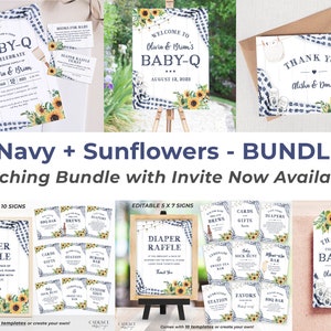K&ouml;nnte beinhalten: Druckbare Babyparty-Schilder mit einem marineblauen und wei&szlig;en Gingham-Muster und Sonnenblumen. Die Schilder beinhalten "Baby-Q", "Windel-Tombola", "Karten & Geschenke", "Getr&auml;nke", "Windeln", "Limonade & S&uuml;&szlig;er Tee", "Sockenjagd", "After-Party", "Station", "Geschenke" und "BBQ-Bar".