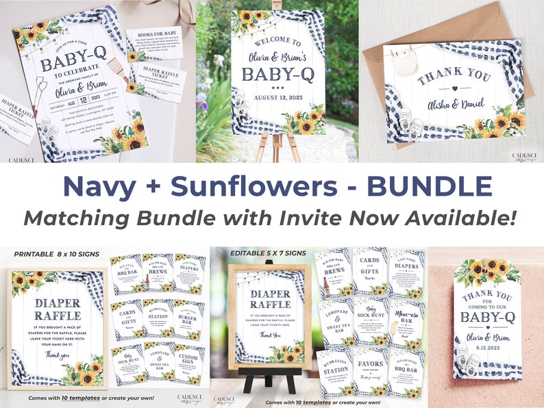 K&ouml;nnte beinhalten: Druckbare Babyparty-Schilder mit einem marineblauen und wei&szlig;en Gingham-Muster und Sonnenblumen. Die Schilder beinhalten "Baby-Q", "Windel-Tombola", "Karten & Geschenke", "Getr&auml;nke", "Windeln", "Limonade & S&uuml;&szlig;er Tee", "Sockenjagd", "After-Party", "Station", "Geschenke" und "BBQ-Bar".