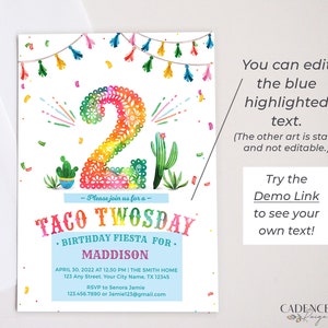 Convite de aniversário de dois anos para tacos, convite de 2º aniversário, terça-feira de tacos, dois anos para tacos, DOIS, 2º aniversário, convite faça você mesmo, para impressão, Corjl, A24 imagem 4