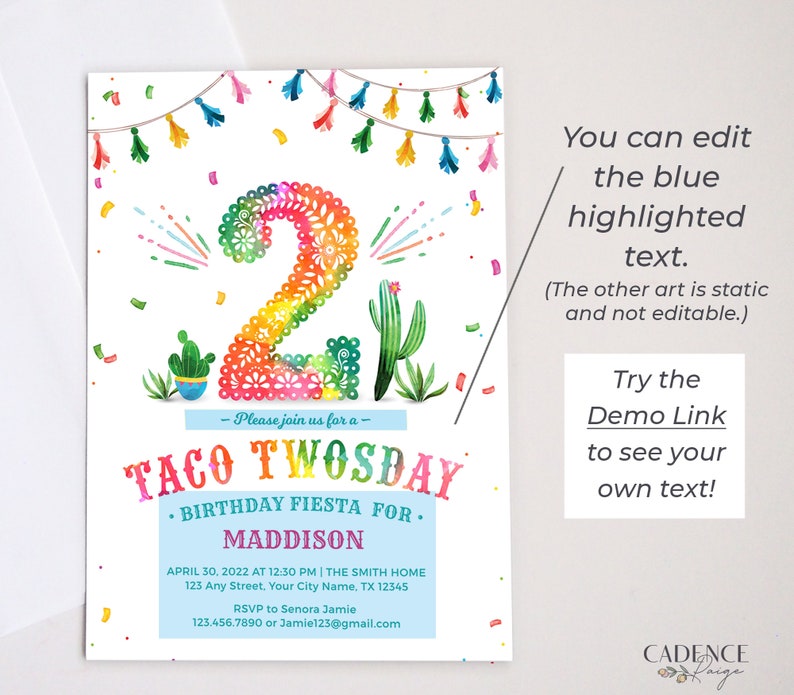 Convite de aniversário de dois anos para tacos, convite de 2º aniversário, terça-feira de tacos, dois anos para tacos, DOIS, 2º aniversário, convite faça você mesmo, para impressão, Corjl, A24 imagem 4