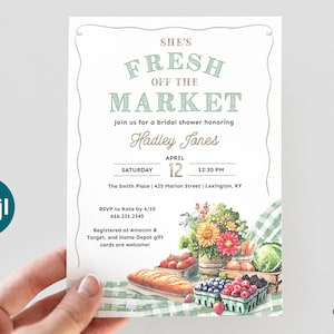 Fresh Off the Market Bridal Shower Invitation with Farmers Market Theme, She&#39;s Off the Market Invitation Template, green, Printable Digital