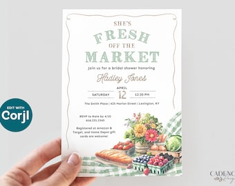 Invitación para despedida de soltera en el mercado de agricultores: tema "Recién salido del mercado" (digital)