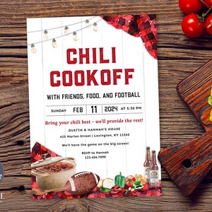 May include: A red and white plaid invitation for a chili cookoff with friends, food, and football. The invitation includes the date, time, and location of the event. It also includes a picture of a pot of chili, a football, and some beer bottles.