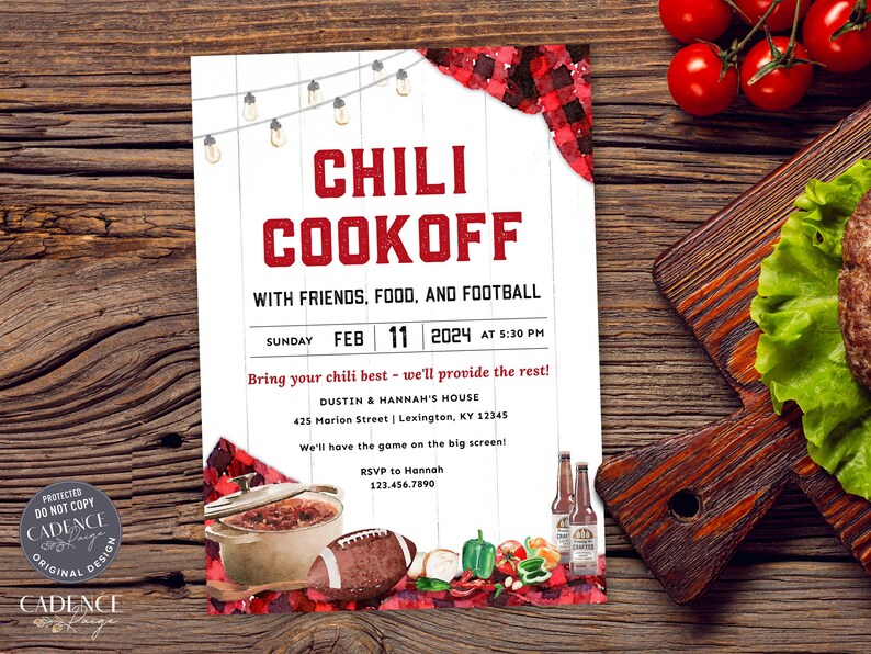 May include: A red and white plaid invitation for a chili cookoff with friends, food, and football. The invitation includes the date, time, and location of the event. It also includes a picture of a pot of chili, a football, and some beer bottles.
