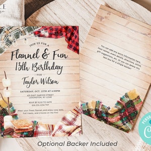 May include: A watercolor-style invitation for a 13th birthday party with a flannel and fun theme. The invitation features a campfire with marshmallows, a s'more, and a plaid blanket. The text reads "Join us for a Flannel & Fun 13th Birthday - for Taylor Wilson - Saturday, Oct. 13th at 6:00pm - 425 East Marion Street Lexington, KY 12345 - RSVP by 8/10 to Kate 616.231.1234 TXT - Wear your finest flannel, and enjoy cozy eats, Fall treats, and s'mores on the fire!"