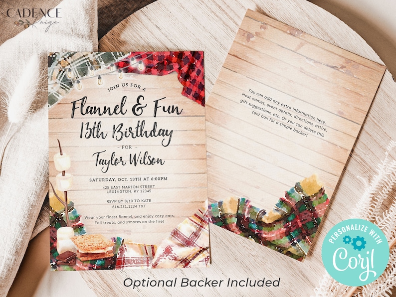 May include: A watercolor-style invitation for a 13th birthday party with a flannel and fun theme. The invitation features a campfire with marshmallows, a s'more, and a plaid blanket. The text reads "Join us for a Flannel & Fun 13th Birthday - for Taylor Wilson - Saturday, Oct. 13th at 6:00pm - 425 East Marion Street Lexington, KY 12345 - RSVP by 8/10 to Kate 616.231.1234 TXT - Wear your finest flannel, and enjoy cozy eats, Fall treats, and s'mores on the fire!"