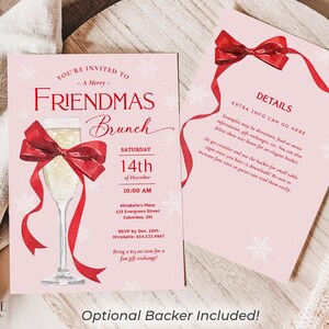 This pink and red Friendmas invitation features a big red bow tied around a glass of bubbly, perfect for a preppy Christmas brunch or holiday party with friends! It says "You're Invited to a Merry Friendmas Brunch" against a snowy pink background.