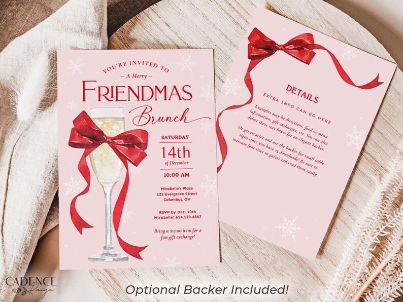 This pink and red Friendmas invitation features a big red bow tied around a glass of bubbly, perfect for a preppy Christmas brunch or holiday party with friends! It says "You're Invited to a Merry Friendmas Brunch" against a snowy pink background.