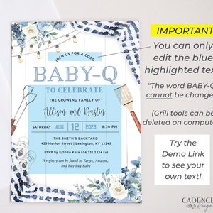 Może przedstawiać: Zaproszenie na baby shower w kolorze niebieskim i białym z rustykalnym drewnianym tłem. Zaproszenie głosi "Baby-Q" w celu uczczenia Allison i Dustina. Data to sobota, 12 sierpnia 2023 o 18:30. Miejsce to The Smith's Backyard, 425 Marion Street, Lexington, KY 12345. RSVP do 8/10 do Kate 616.231.1234 txt. Rejestr prezent&oacute;w można znaleźć w Target, Amazon i Buy Buy Baby.