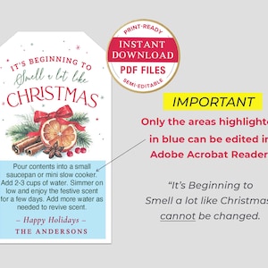 Puede incluir: Una etiqueta de regalo navide&ntilde;a imprimible con el texto "It's Beginning to Smell a lot like Christmas". La etiqueta presenta ilustraciones de canela, una rodaja de naranja y un lazo rojo. Incluye instrucciones.