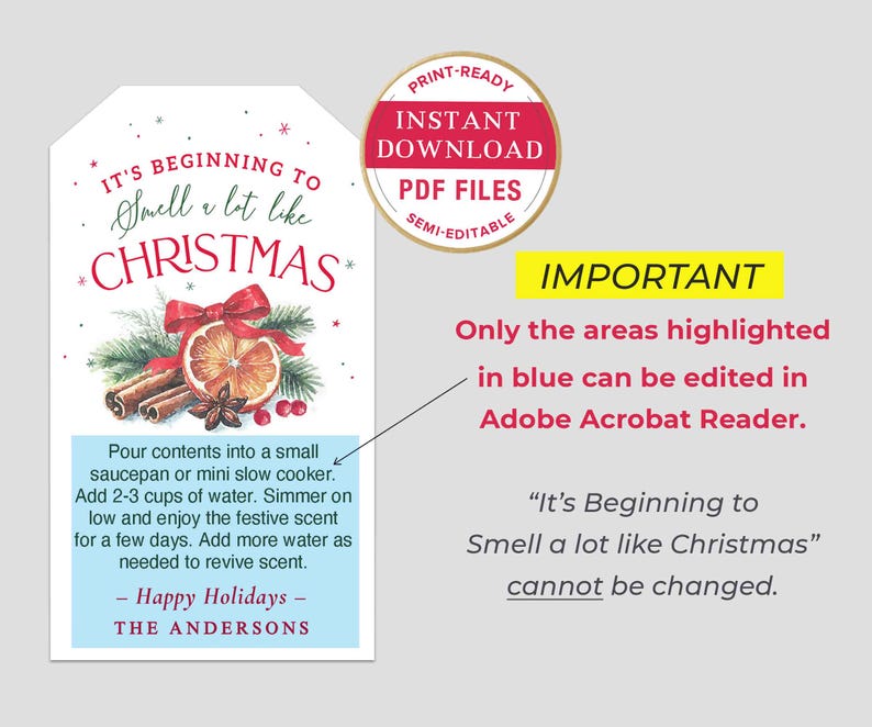 Puede incluir: Una etiqueta de regalo navide&ntilde;a imprimible con el texto "It's Beginning to Smell a lot like Christmas". La etiqueta presenta ilustraciones de canela, una rodaja de naranja y un lazo rojo. Incluye instrucciones.