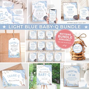 K&ouml;nnte beinhalten: Hellblaue und wei&szlig;e Babyparty-Dekorationen mit Grillthema. Die Dekorationen beinhalten ein Willkommens-Schild, Dankesch&ouml;n-Etiketten, Geschenktaschen und Schilder f&uuml;r eine Windel-Tombola, Karten und Geschenke, Getr&auml;nke, Burger und Hotdogs, eine Bar, eine Hydrationsstation, Babys sind s&uuml;&szlig;, Platz f&uuml;r Nachtisch und Baby-Socken-Stunde. Die Schilder sind editierbar und messen 8x10 Zoll und 5x7 Zoll.