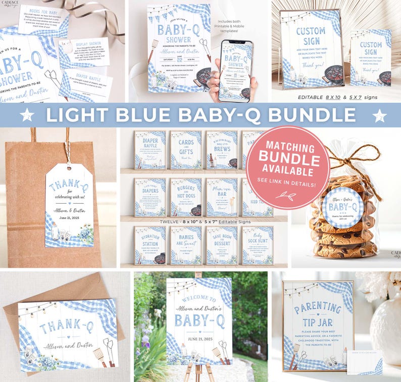 K&ouml;nnte beinhalten: Hellblaue und wei&szlig;e Babyparty-Dekorationen mit Grillthema. Die Dekorationen beinhalten ein Willkommens-Schild, Dankesch&ouml;n-Etiketten, Geschenktaschen und Schilder f&uuml;r eine Windel-Tombola, Karten und Geschenke, Getr&auml;nke, Burger und Hotdogs, eine Bar, eine Hydrationsstation, Babys sind s&uuml;&szlig;, Platz f&uuml;r Nachtisch und Baby-Socken-Stunde. Die Schilder sind editierbar und messen 8x10 Zoll und 5x7 Zoll.