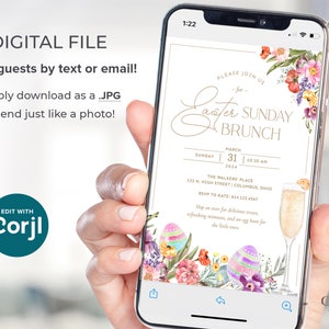 K&ouml;nnte beinhalten: Eine digitale Einladung zu einem Oster-Sonntagsbrunch. Die Einladung zeigt ein florales Design mit pastellfarbenen Eiern und einem Glas Mimosa. Der Text lautet "Bitte schlie&szlig;en Sie sich uns zum Oster-Sonntagsbrunch an" und enth&auml;lt Datum, Uhrzeit und Ort der Veranstaltung.