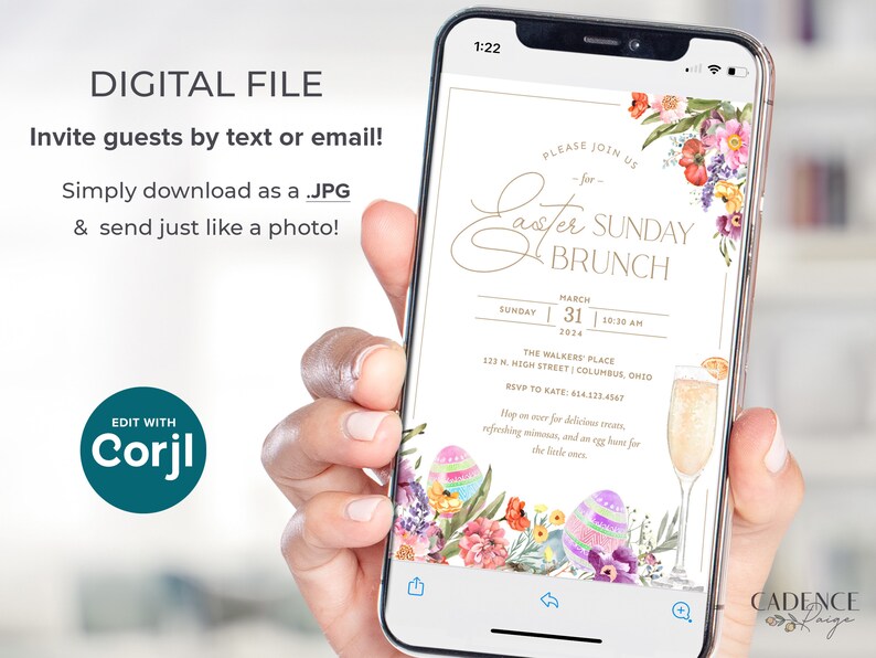 K&ouml;nnte beinhalten: Eine digitale Einladung zu einem Oster-Sonntagsbrunch. Die Einladung zeigt ein florales Design mit pastellfarbenen Eiern und einem Glas Mimosa. Der Text lautet "Bitte schlie&szlig;en Sie sich uns zum Oster-Sonntagsbrunch an" und enth&auml;lt Datum, Uhrzeit und Ort der Veranstaltung.