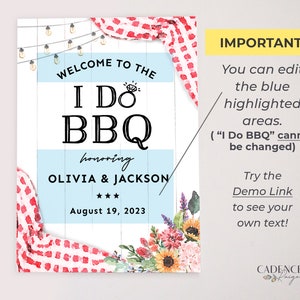 May include: A printable sign for a barbecue party with the text "Welcome to the I Do BBQ honoring Olivia & Jackson August 19, 2023". The sign features a blue and white checkered tablecloth, a string of lights, and a floral arrangement.