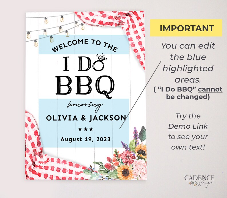 May include: A printable sign for a barbecue party with the text "Welcome to the I Do BBQ honoring Olivia & Jackson August 19, 2023". The sign features a blue and white checkered tablecloth, a string of lights, and a floral arrangement.