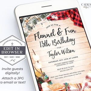 May include: A digital invitation for a 13th birthday party with a flannel and fun theme. The invitation features a watercolor illustration of a campfire with marshmallows, graham crackers, and chocolate. The text on the invitation reads "Join us for a Flannel & Fun 13th Birthday - for Taylor Wilson - Saturday, Oct. 13th at 6:00PM 425 East Marion Street Lexington, KY 12345 RSVP by 8/10 to Kate 616.231.1234 TXT Wear your finest flannel, and enjoy cozy eats, Fall treats, and s'mores on the fire!"
