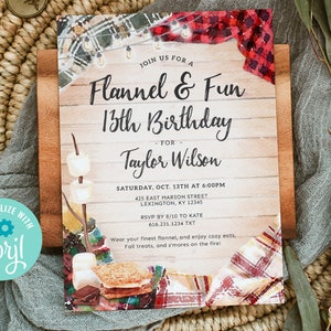 May include: A birthday party invitation with a flannel and fun theme. The invitation features a watercolor illustration of a campfire with s'mores, a plaid blanket, and string lights. The text on the invitation reads "Join us for a Flannel & Fun 13th Birthday - for Taylor Wilson - Saturday, Oct. 13th at 6:00PM 425 East Marion Street Lexington, KY 12345 RSVP by 8/10 to Kate 616.231.1234 TXT Wear your finest flannel, and enjoy cozy eats, Fall treats, and s'mores on the fire!"