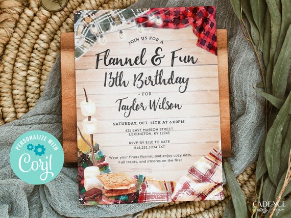 Bonfire Party Invitation, Tween Birthday Invite, Flannel Birthday Invitation, Fall Bonfire Birthday, S'mores, Camping, Editable Corjl, MF