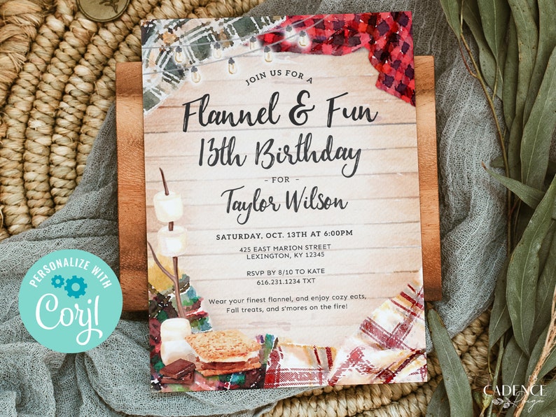 May include: A birthday party invitation with a flannel and fun theme. The invitation features a watercolor illustration of a campfire with s'mores, a plaid blanket, and string lights. The text on the invitation reads "Join us for a Flannel & Fun 13th Birthday - for Taylor Wilson - Saturday, Oct. 13th at 6:00PM 425 East Marion Street Lexington, KY 12345 RSVP by 8/10 to Kate 616.231.1234 TXT Wear your finest flannel, and enjoy cozy eats, Fall treats, and s'mores on the fire!"