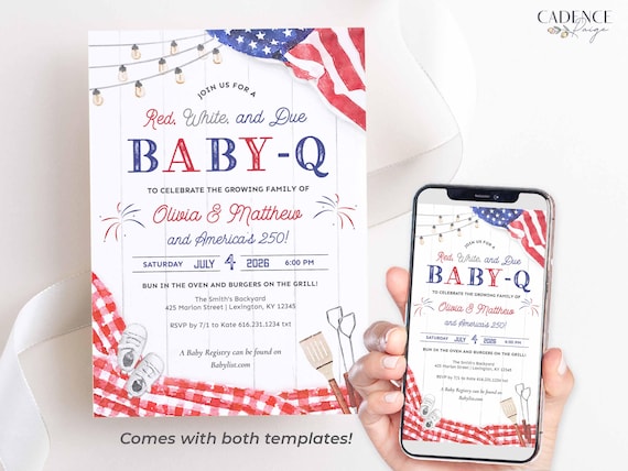 Red White & Due Baby-Q Invitation Template | Patriotic Baby Shower BBQ Invite | 4th of July America's 250 | Backyard BBQ Shower | Editable