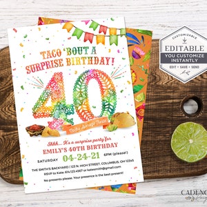 40th Birthday Party Invitation, 40th Surprise Party Invitation, Taco Themed Party Invite, 40th Fiesta Invite, DIY, Corjl, Printable, A24