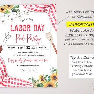 May include: A printable Labor Day pool party invitation with a red and white gingham pattern, sunflowers, and a wooden background. The text reads "Join us for a Labor Day Pool Party" with the date and time of the party.