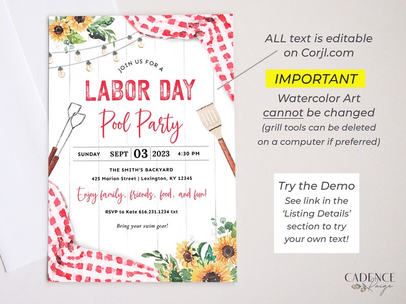 May include: A printable Labor Day pool party invitation with a red and white gingham pattern, sunflowers, and a wooden background. The text reads "Join us for a Labor Day Pool Party" with the date and time of the party.
