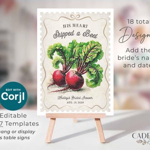 May include: A printable 5x7 inch template for a bridal shower. The design features a vintage-style illustration of beets with the text "His heart skipped a beet" and space to add the bride's name and date.