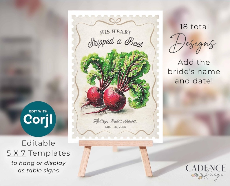 May include: A printable 5x7 inch template for a bridal shower. The design features a vintage-style illustration of beets with the text "His heart skipped a beet" and space to add the bride's name and date.